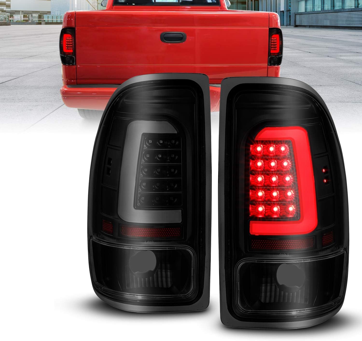 AmeriLite C-Type LED Tube Dark Smoked Tail Lights Brake Lamps Set for 1997-2004 Dodge Dakota - Passenger and Driver Side