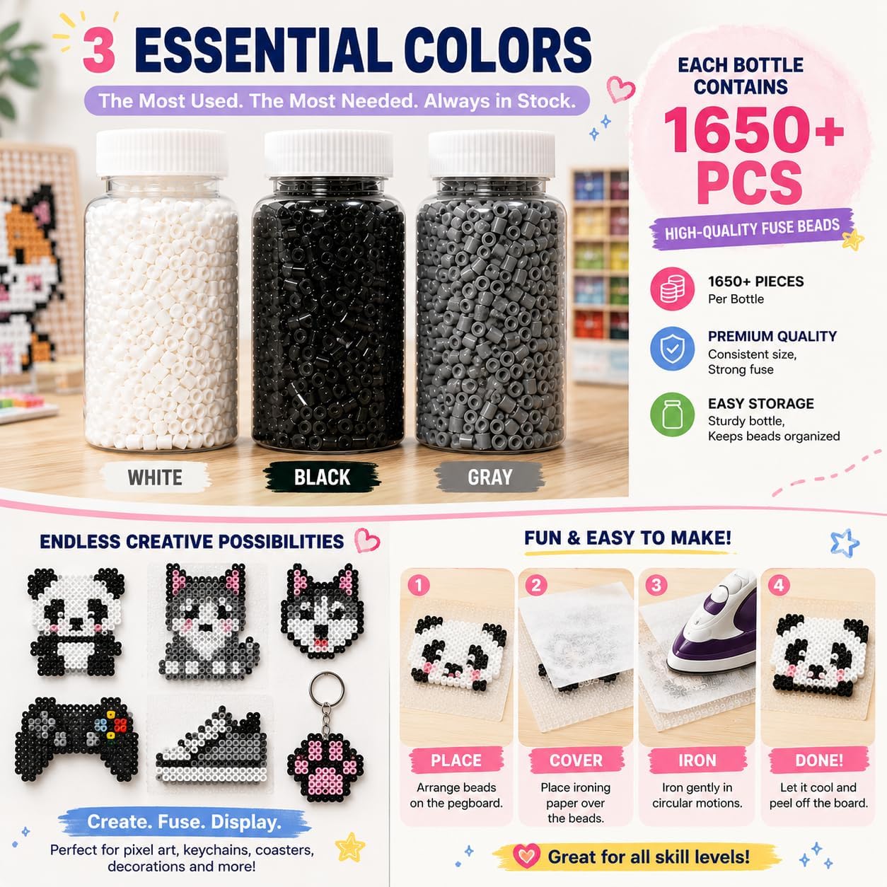5mm Fuse Beads Refill Kit, 3 Neutral Colors Black White Grey Fuse Beads