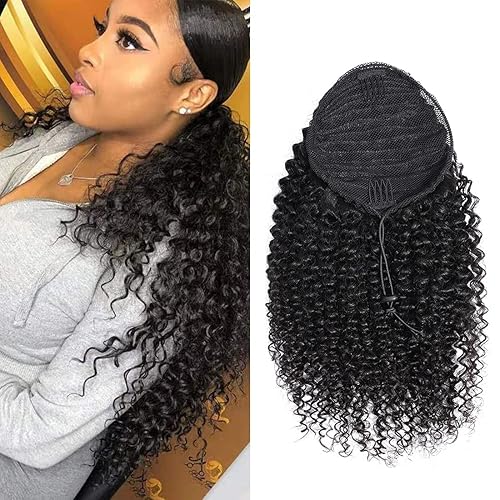 Miniatura 50 de Human Hair Water Wave Drawstring Ponytail Extensions - Natural Black Corn Wave for Black Women - Clip in Extensions (20")