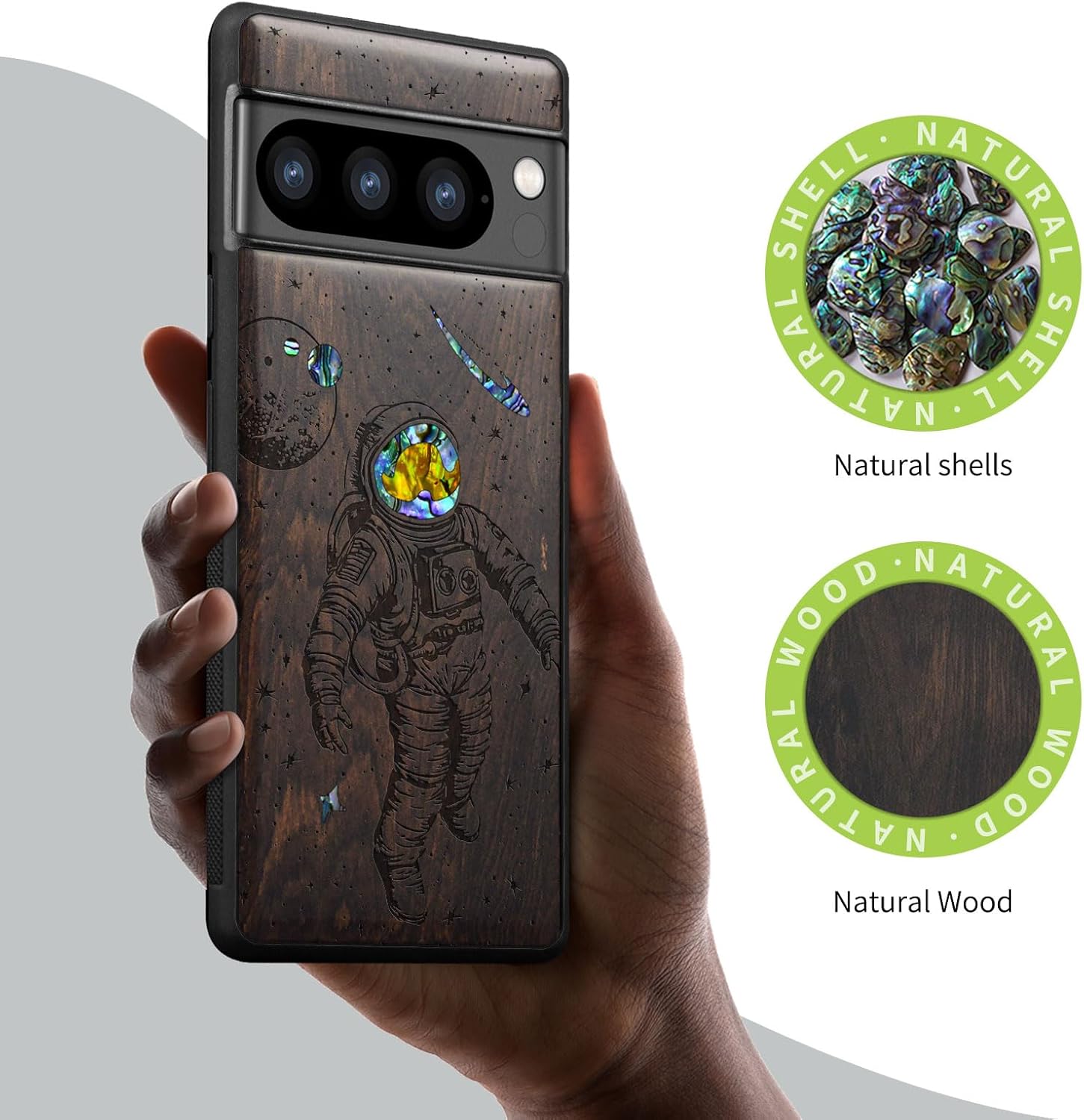 Carveit Designer Wooden Case for Google Pixel 8 Pro Case Cover [Wood Engraving & Shell Inlay] Compatible with Wireless Chargers Pixel 8 Pro (Cosmic Wanderer-Blackwood)