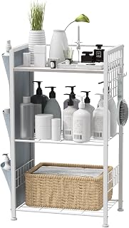 YBING 3 Tier Bathroom Storage Shelf, Small Shelf with Bags and Hanging Hooks, Corner Open Floor Shelves, Freestanding Shelf for Living Room, Gray