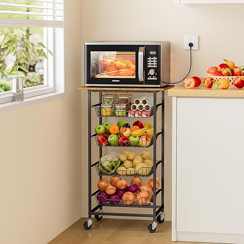Kitchen Microwave Cart with Fruit Baskets, 5 Tier Microwave Table Stand with Fruit Vegetable Storage Small Rolling Cart on Wheels, Floor Organizers and Storage for Pantry Kitchen, Living Room