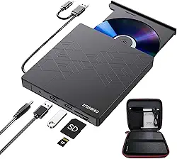 Unidade de CD de DVD externa, gravador de CD USB 3,0 com 2 portas USB e 2 ranhuras para cartões TF/SD, unidade de disco ótico para computador portátil Mac, PC