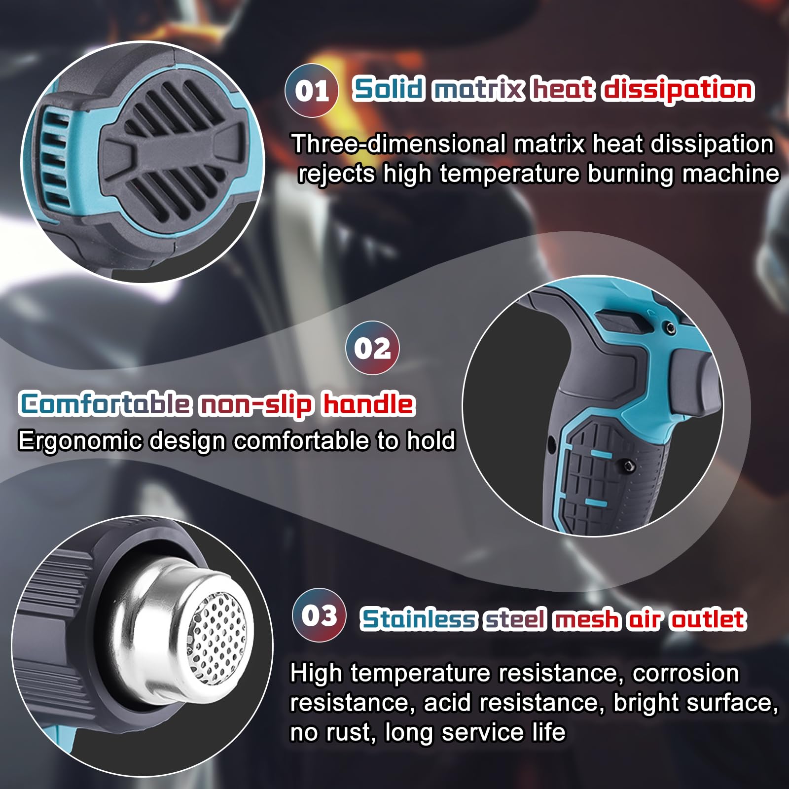 Pistola de Calor Inalámbrica para Makita de 18V Batería, Pistola de Aire Caliente con 3 Boquillas, Temperatura Máx. 550 °C, Calentamiento Rápido, Para Manualidades, Tubos (sin batería)