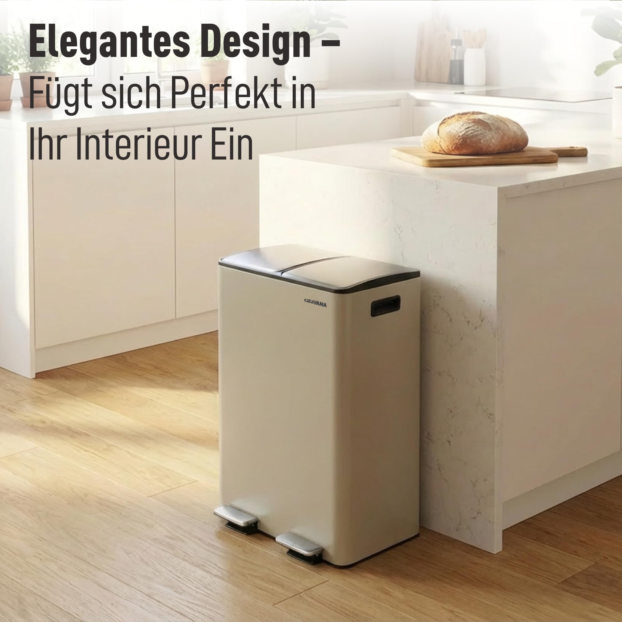 CATAVANA Mülleimer Küche Mülltrennung 2 x 30 Liter - Doppelfach 60 Liter - Moderner Mülleimer für Recycling - Elegantes Design - Beige