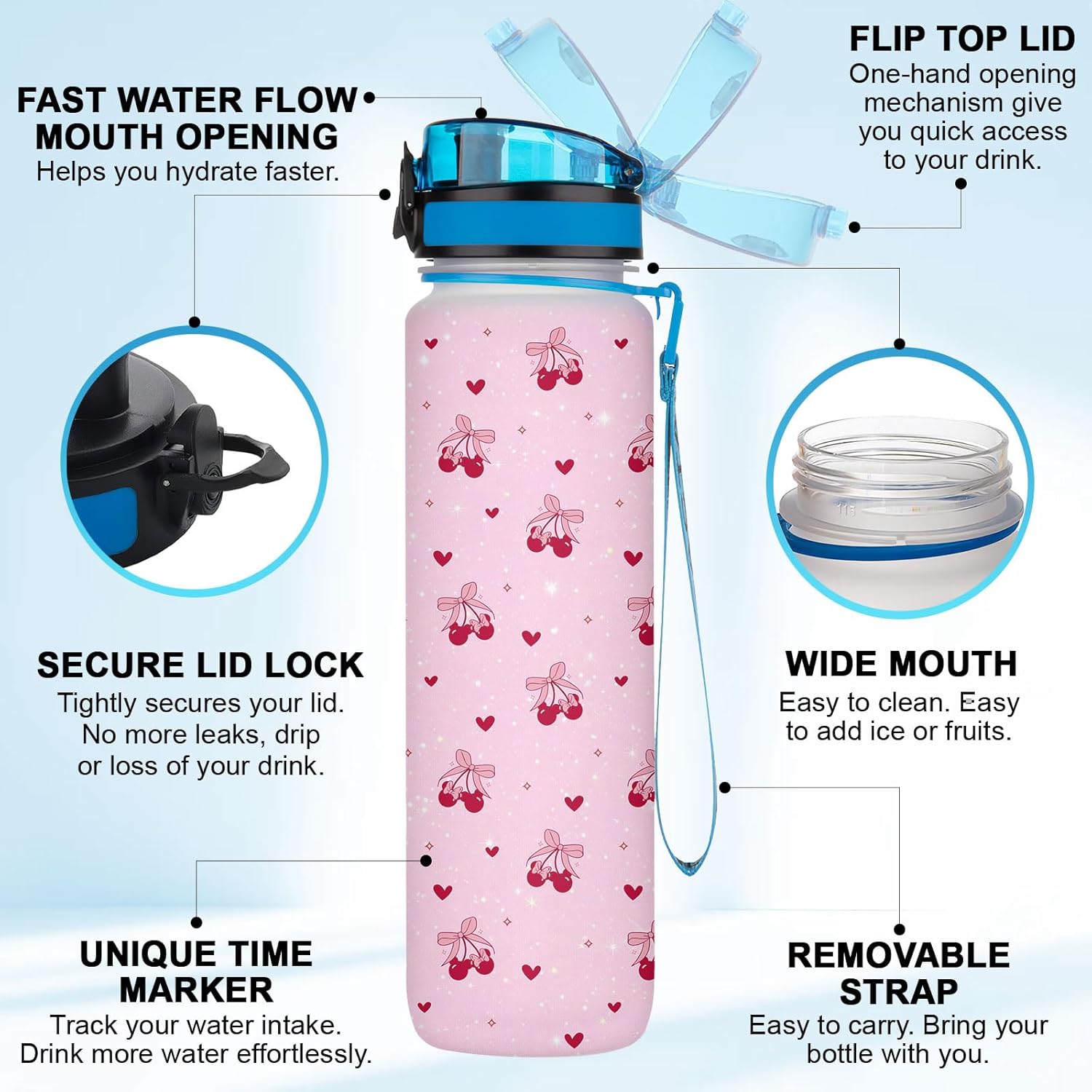 Cherry Water Bottle 32oz, Cherry Hearts Pink Kawaii Design, Plastic Bottle for Cartoon Movie Fans, Gifts for Birthday, Tritan Material, Reusable