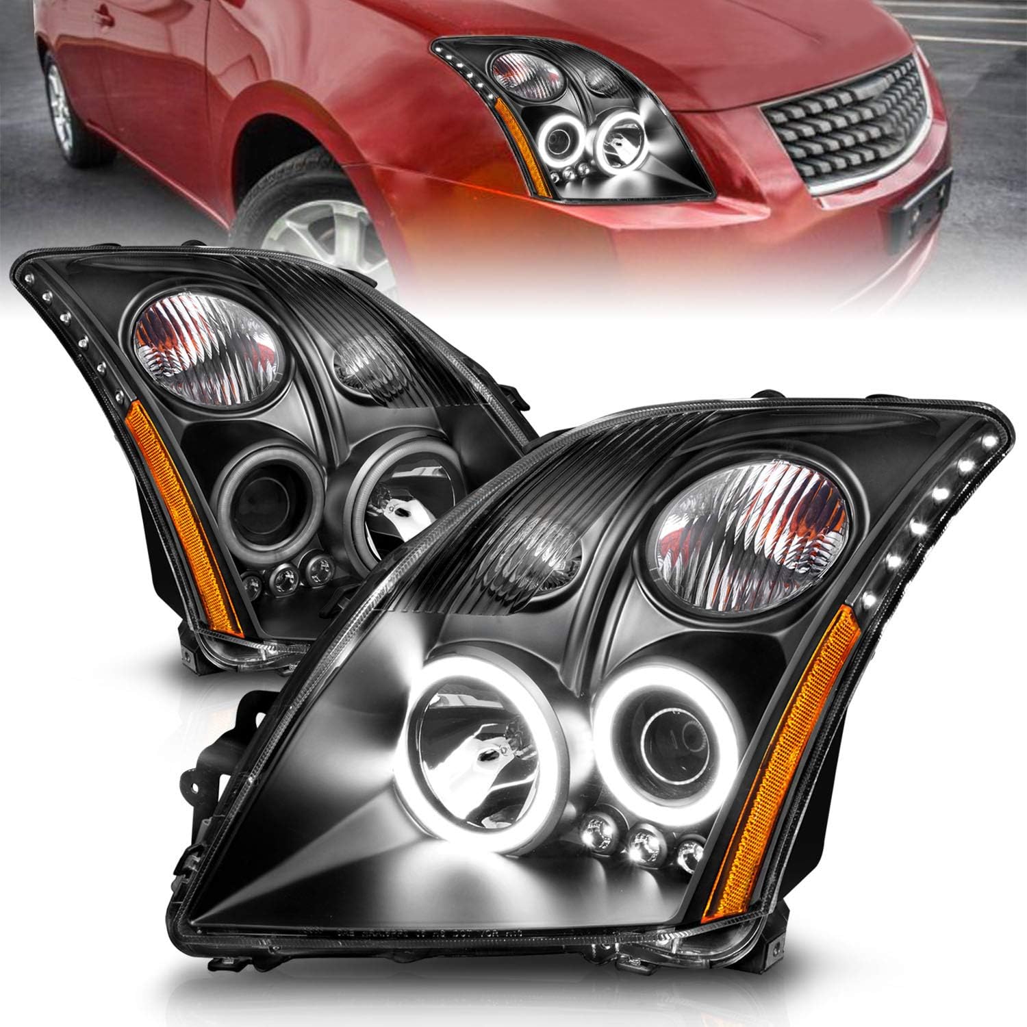 AmeriLite for 2007-2012 Nissan Sentra Black Replacement Projector Xtreme LED Halo Ring Headlights Assembly Set - Passenger and Driver Side
