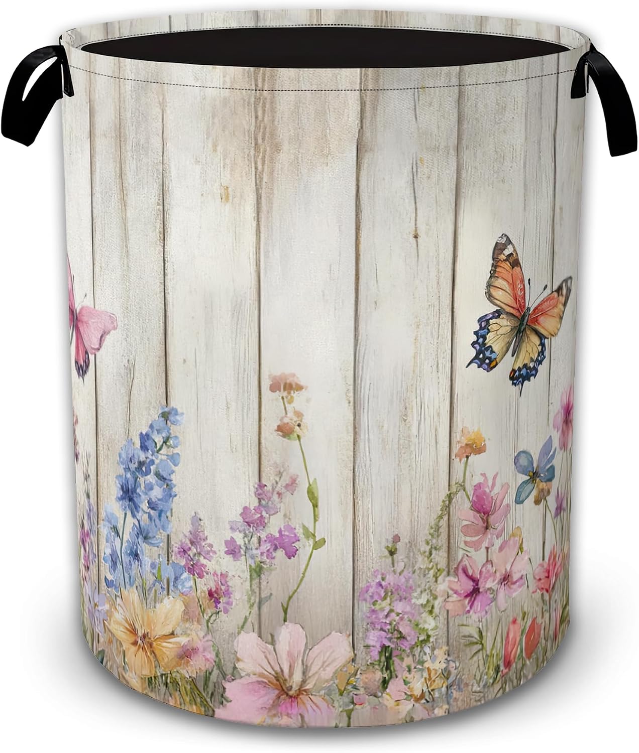 Collapsible Laundry Basket,Rustic Floral Waterproof Oxford Cloth Hamper with Handles,Butterfly Garden 16 x 20.8 Inch Portable Storage Organizer for Laundry Room Bedroom