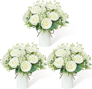 Wedding Table Dining Centerpiece Set of 3 - Small Artificial Floral Arrangements 6 Pcs Silk Rose Bouquets and 3 Pcs Metal Pot Silk Flowers in Vase for Wedding Party Home Kitchen Bathroom Décor, Ivory