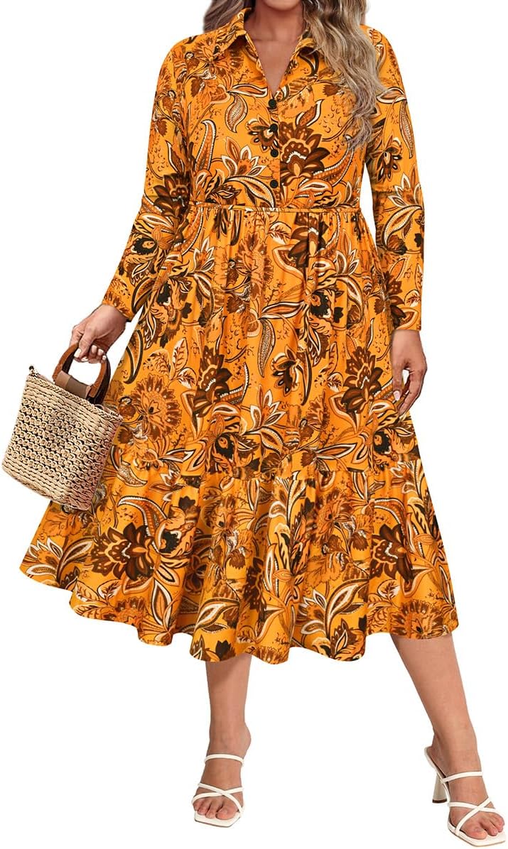 CARCOS Plus Size Dresses for Curvy Women Collared Vneck Long Sleeve Dresses Midi Fall Winter Dress with Pocket XL-5XL