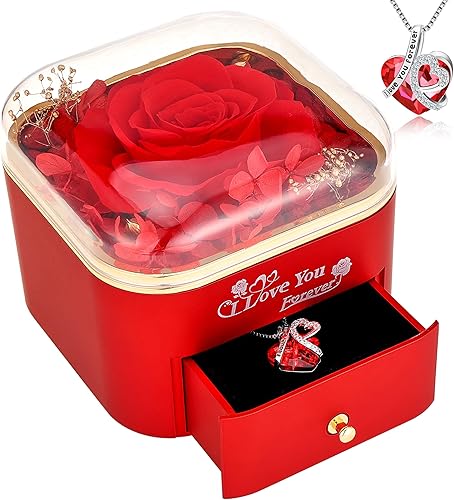 Rosa roja preservada real con collar, regalos para mamá, esposa, mamá en baja, hija, novia en Navidad, día de la madre, día de San Valentín,