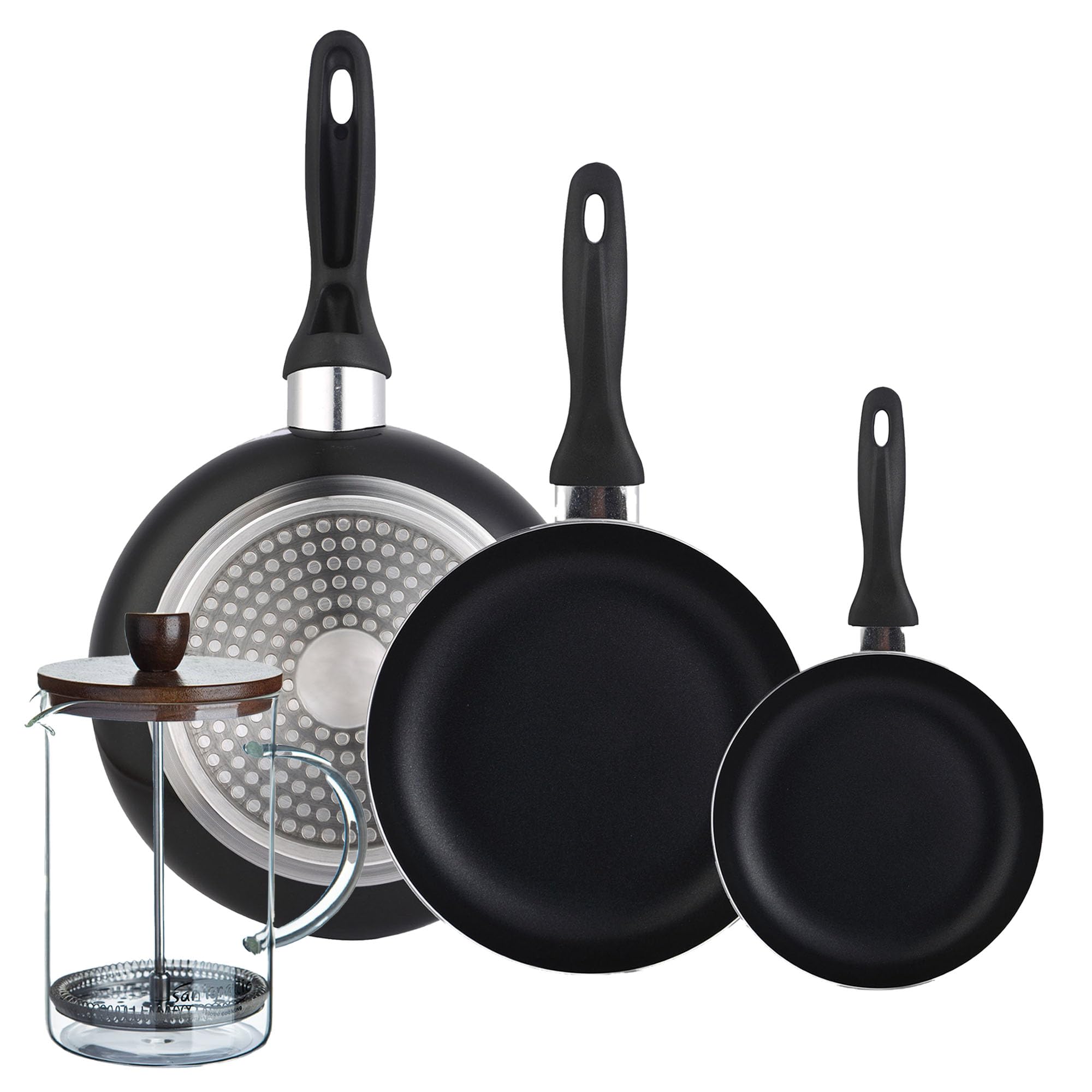 Poêles 16/20/24 aluminium et cafetière piston verre borosilicate Wellhome