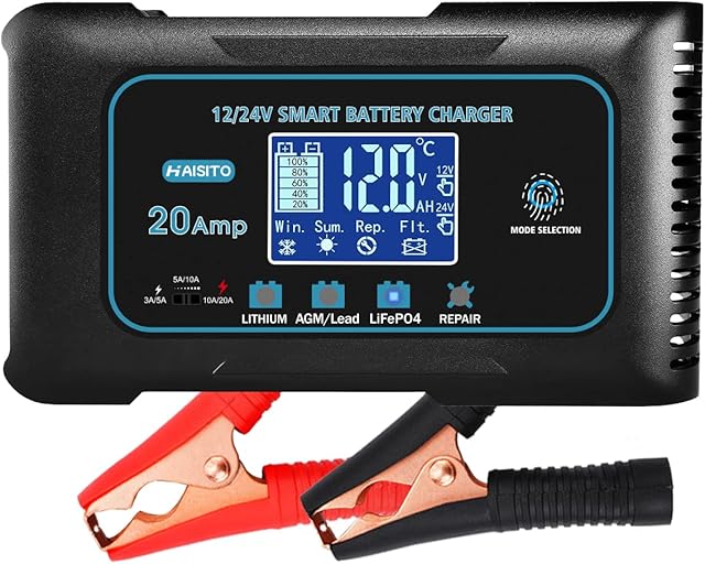 20-Amp LiFePO4 Battery Charger ,Lithium,Lifepo4,Lead-Acid(AGM/Gel/SLA..)12V and 24V Car Smart Battery Charger ,Trickle Charger, Portable Battery Desulfator For Car,Boat,Motorcycle,Lawn Mower,golf cart