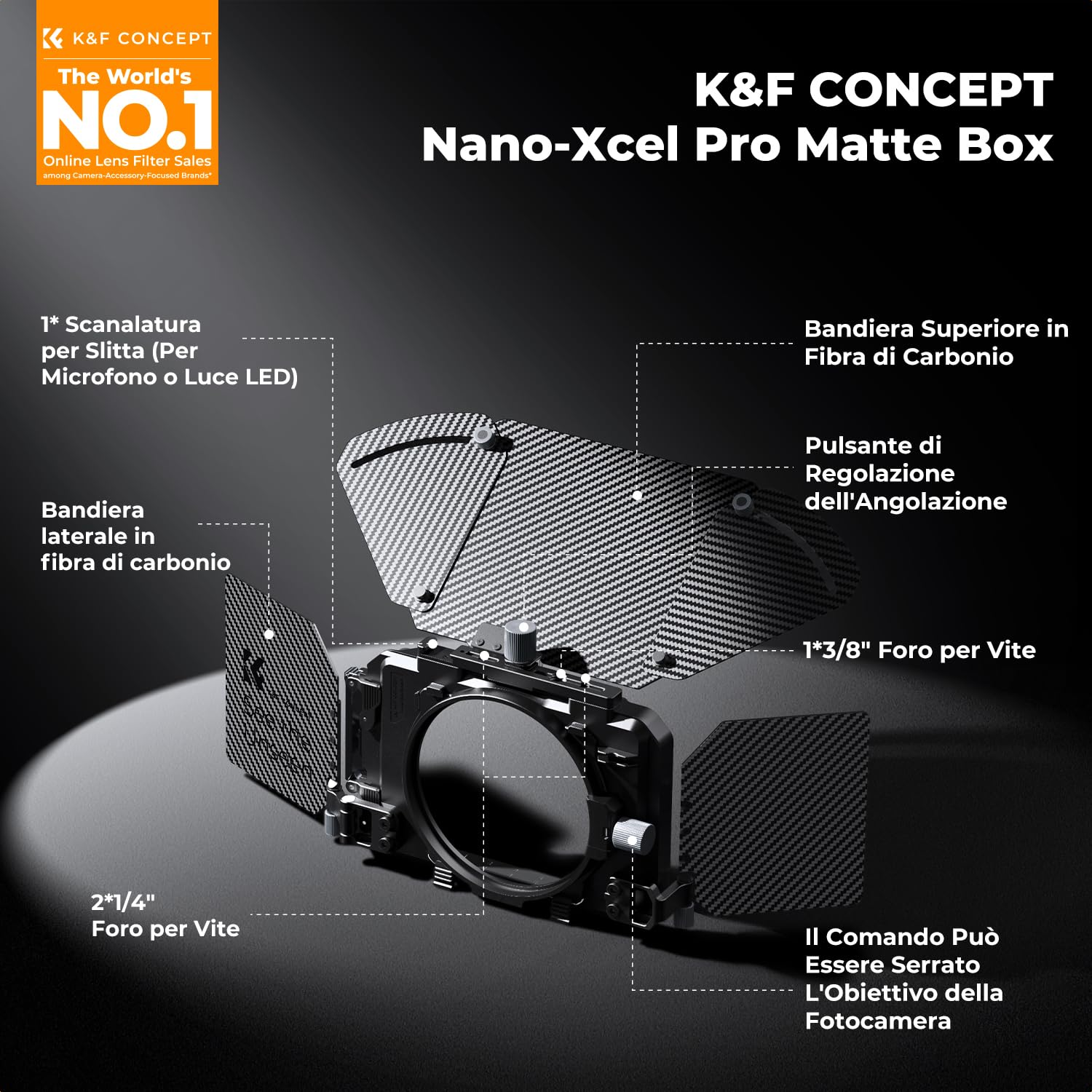 K&F CONCEPT Mini Matte Box con 2 Portafiltri da 4“ x 5,65” e Alette in Fibra di Carbonio, per Fotocamere DSLR Mirrorless con 5 Adattatori ad Anello Circolare (67/72/77/82/95mm)