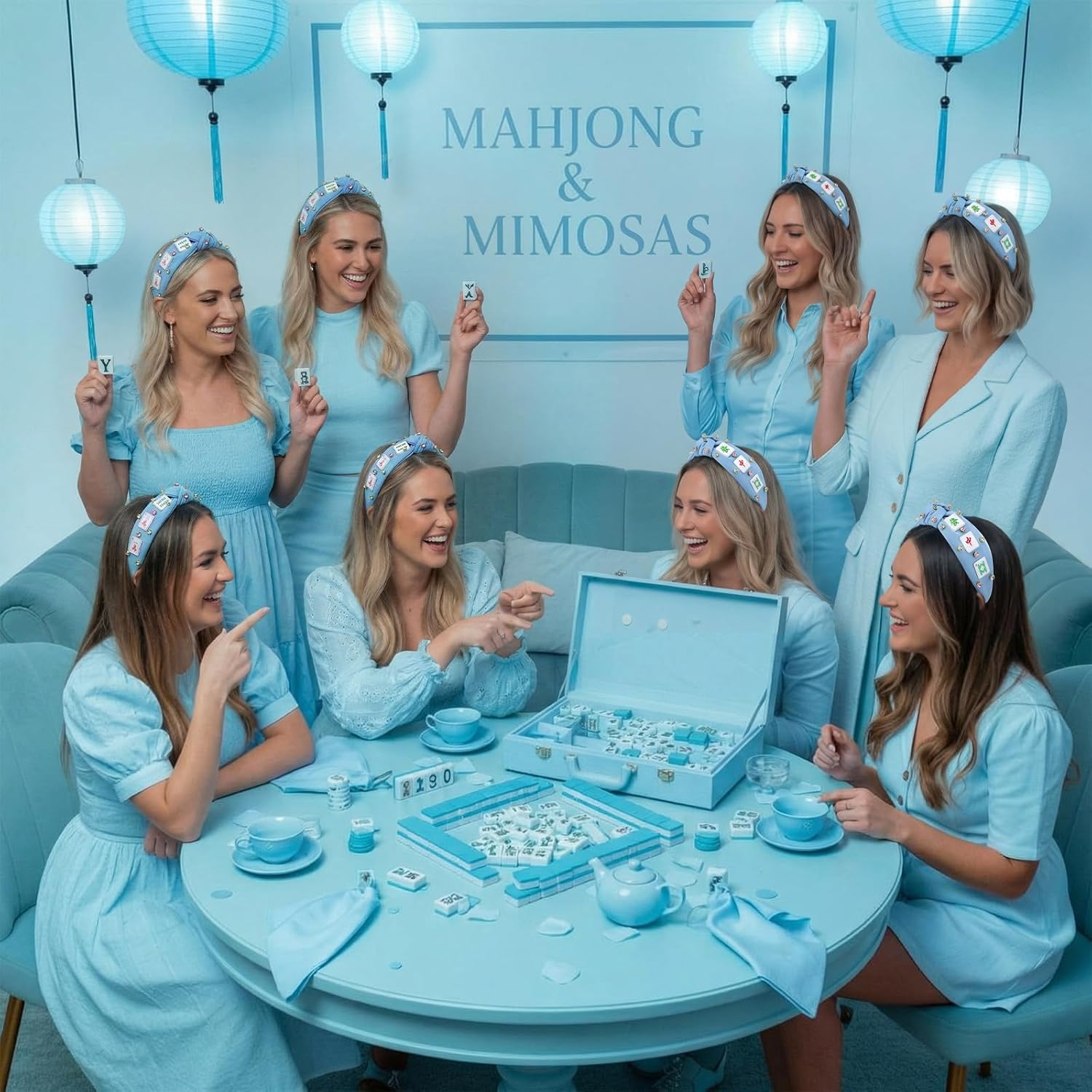 Suncalla Mahjong Knotted Headband Rhinestone Crystal Embellished Headband Wide Top Knot Funny Hairband Hair Accessories Mahjong Gifts for Women Girls Lovers Players Themed Party Favors(Blue)