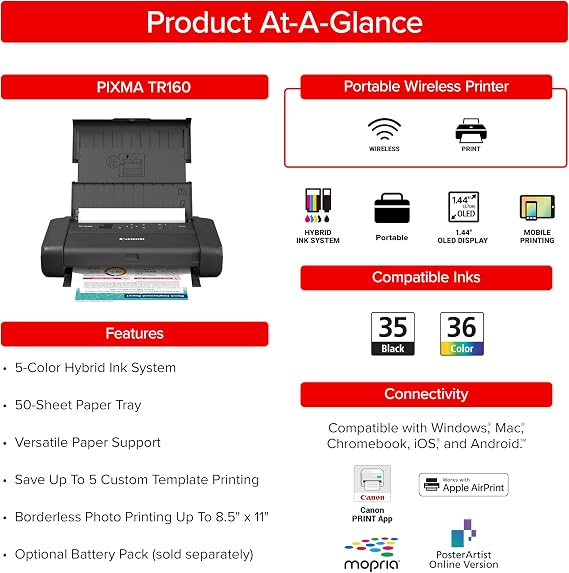 Canon PIXMA TR160 Color Wireless Portable Printer