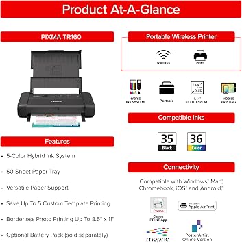 Canon PIXMA TR160 Color Wireless Portable Printer