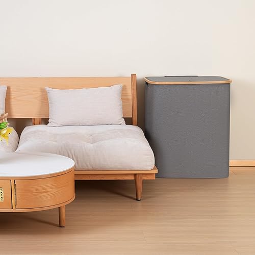 Miniatura 7 de Cesta de lavandería de 39.6 galones con tapa, grande, para la ropa sucia, con asas de bambú, cestas grises para lavandería, con 2 bolsas interiores
