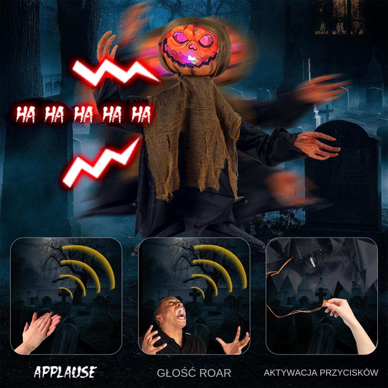 Animowane Dekoracje Halloweenowe Dekoracja Ogrodowa z Dynią i Duchem | Podświetlana Kołysząca Się Upiorna Dekoracja Z Dźwiękiem Na Taras Ogród Podwórko Przedogródek