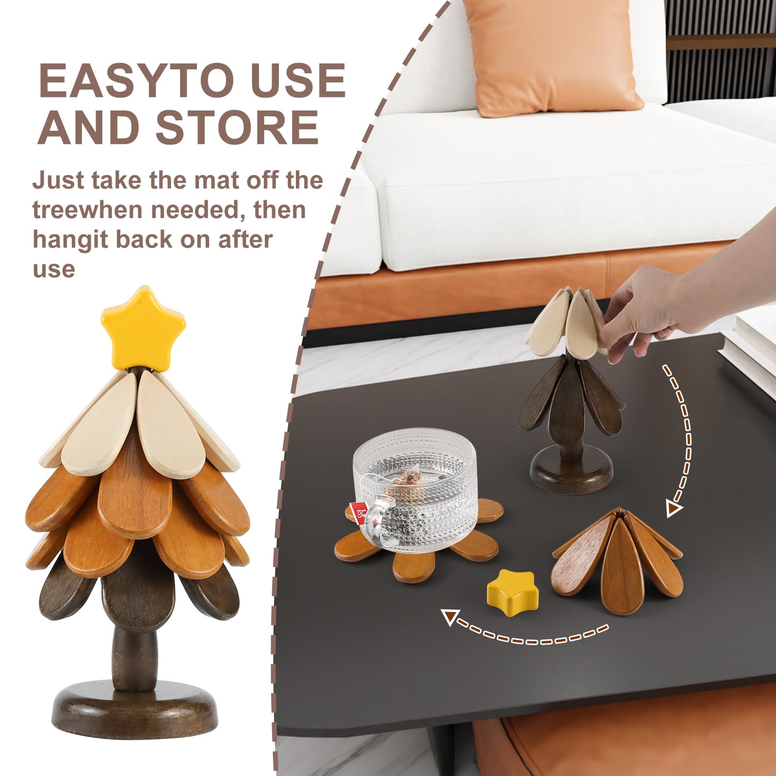 Pgtc Dessous-de-Plat En Bois En Forme D'arbre Pour Plats Chauds,Set De 4 Protège-Table Pour Casseroles Et Poêles, Set Artisanal De Sous-Verres Et Dessous-de-Plat Pour Bols Assiettes Et Théières