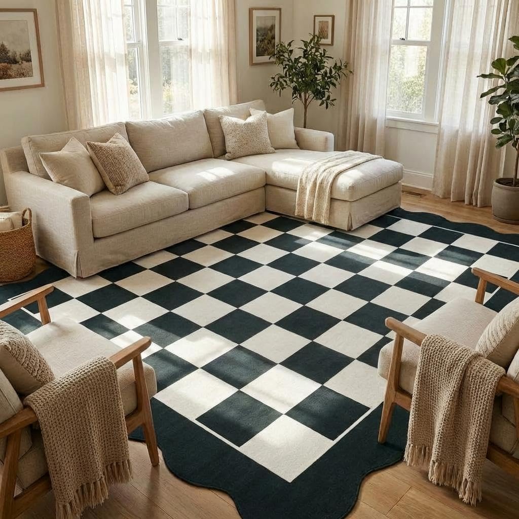 Scalloped Area Rug 5x7 Modern Checkered Living Room Carpet, Non Slip Non Shedding Low Pile Indoor Rug, Machine Washable Geometric Floor Mats for Bedroom, Playroom, Office, Black White