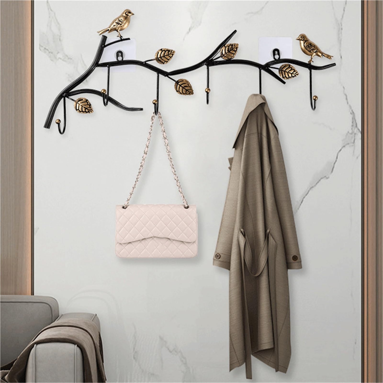 Crochet Mural Portemanteau Mural Avec Feuilles Et Oiseaux(Brass,Moyen)