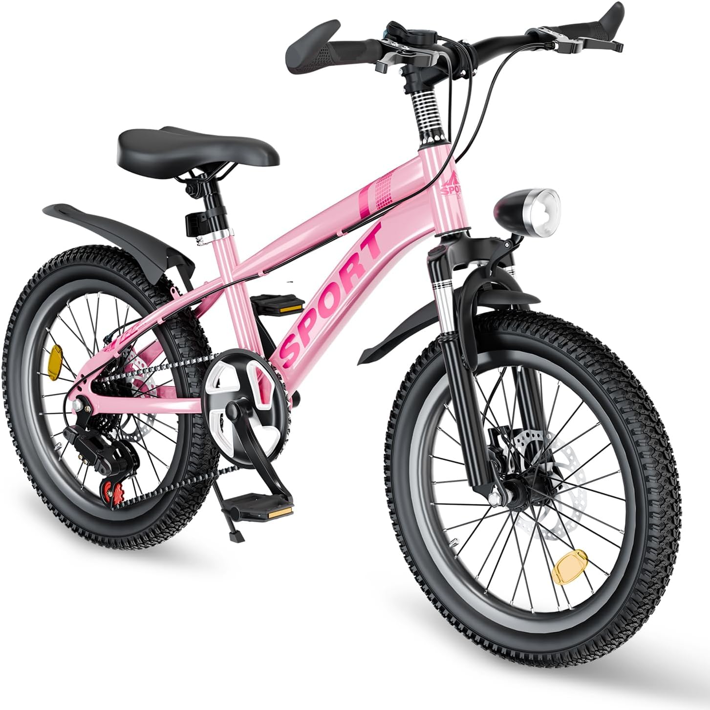 20 Inch Mountain Bike Bicycle for Kids Ages 7-12 with Dual Disc Brakes, 7 Speeds, Shock Absorber, LED Lights,for Boys & Girls