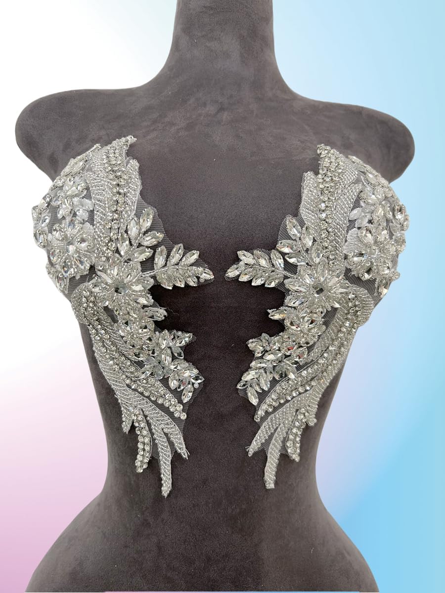 Handmade Rhinestones lace Trim Patches Handsewing Beads Bodice Applique for Dress DIY Accessories 1pair/Set (Silver)