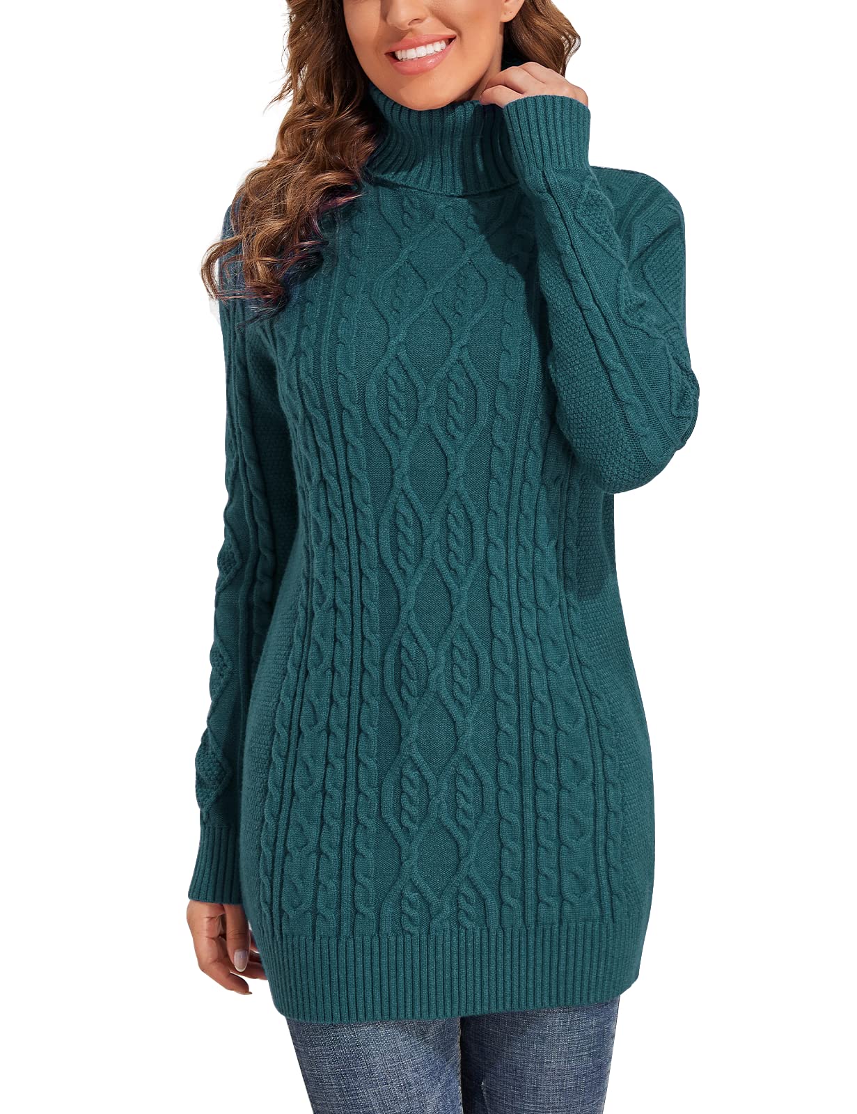 PrettyGuideWomen's Long Sweaters Turtleneck Plus Size Cozy Cable Knit Tunic Sweater Tops