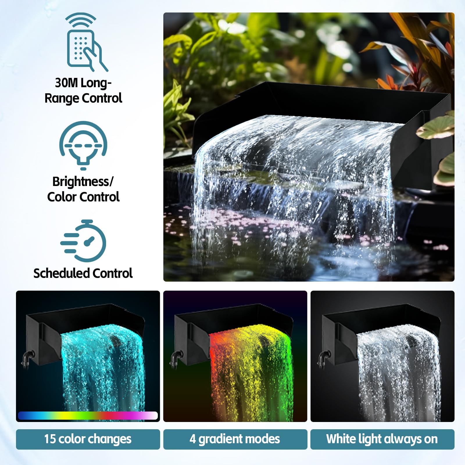 Cascade d'étang 30 cm LED Déversoir Kit Cascade Bassin 45 W 3000 l/h Pompe Télécommande