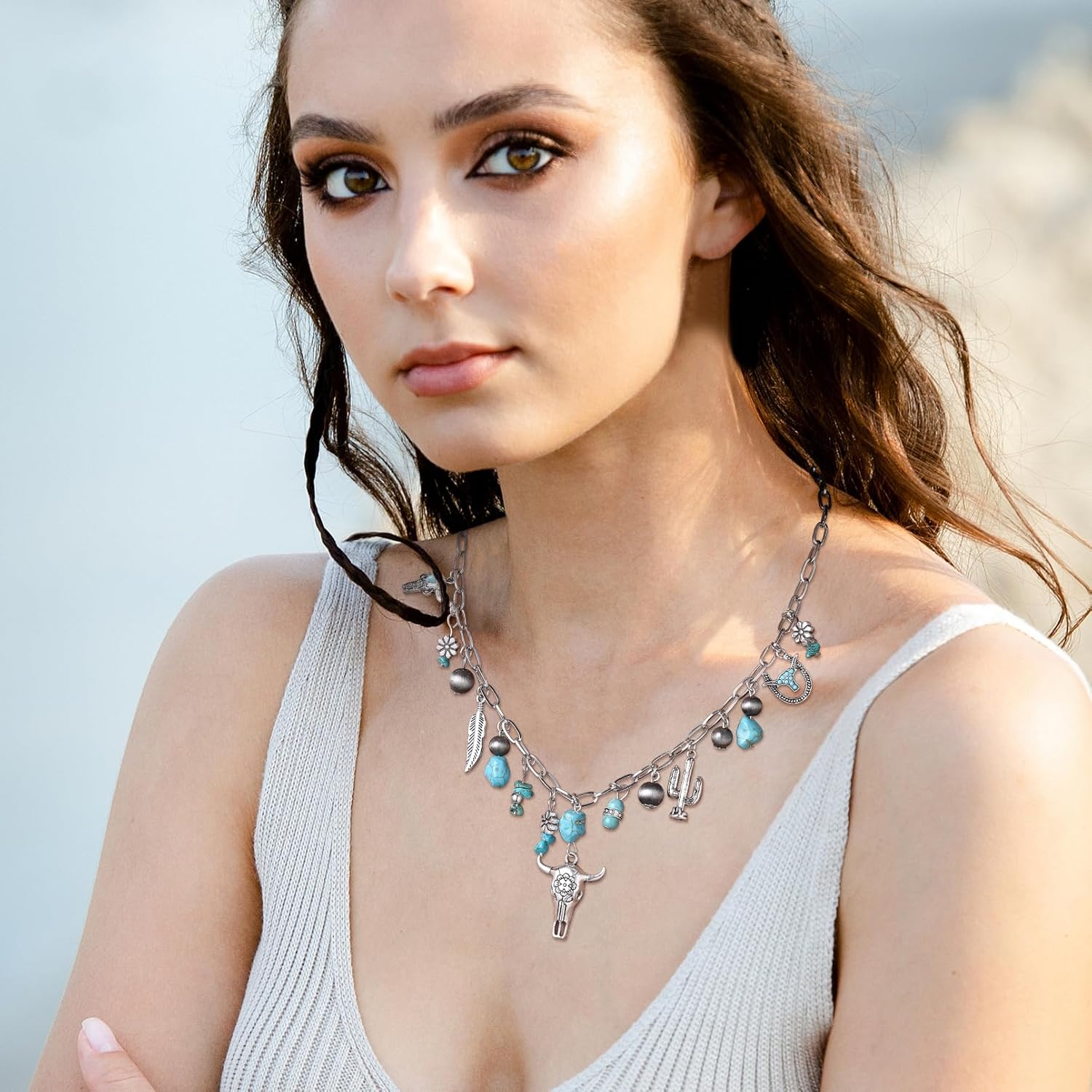 Western Turquoise Necklace for Women, Boho Turquoise Bull Head Cowboy Chic Charm Necklace, Adjustable Chain Country Concert Accessories Cowgirl Jewelry for Women - Image 7