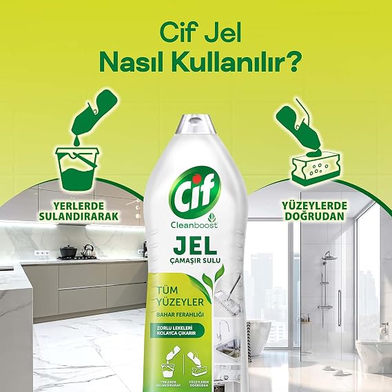 Cif Jel Yüzey Temizleyici Cleanboost Tüm Yüzeyler için Leke Çıkarıcı Çamaşır Sulu Bahar Ferahlığı 1500 ml