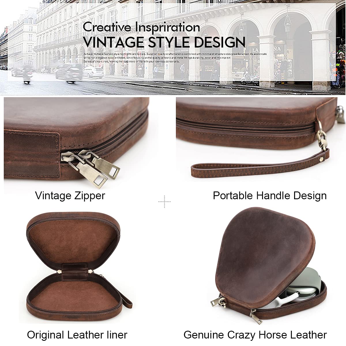 Hiram Custodia in vera pelle fatta a mano per Air pods Max custodia da viaggio per cuffie, borsa da viaggio resistente, colore: Caffè marrone