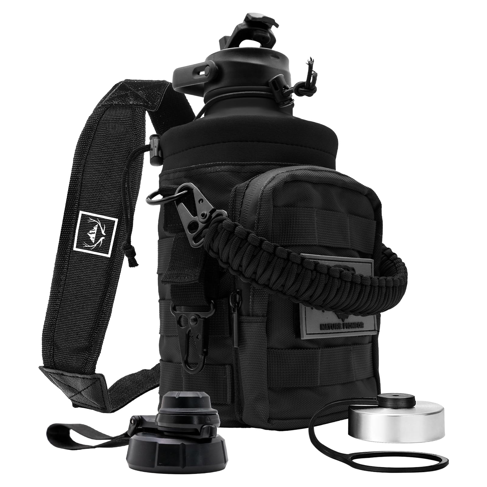 NATURE PIONEOR 64 OZ Insulated Water Bottle with Carrying Tactical Water Bottle Holder, 18/8 Food Grade Stainless Steel Half Gallon Jug with Molle Sleeve for Hunting, Camping