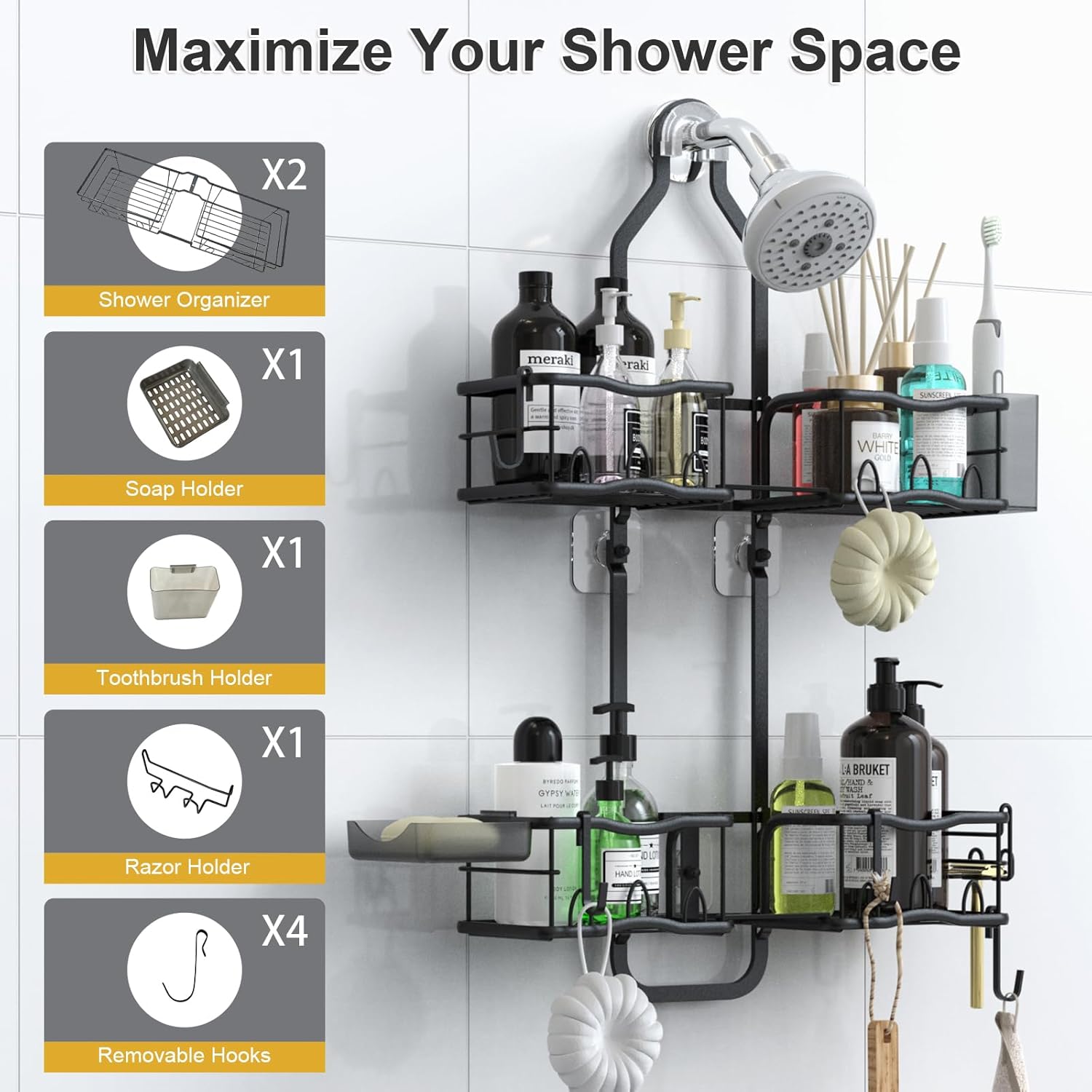 Shower Caddy Hanging Organizer, Rustproof Over Shower Head Caddy Holder with Hooks for Razor/Sponge, No Drilling Bathroom Racks Bath Storage Shelves for Shampoo Soap Towels, Black