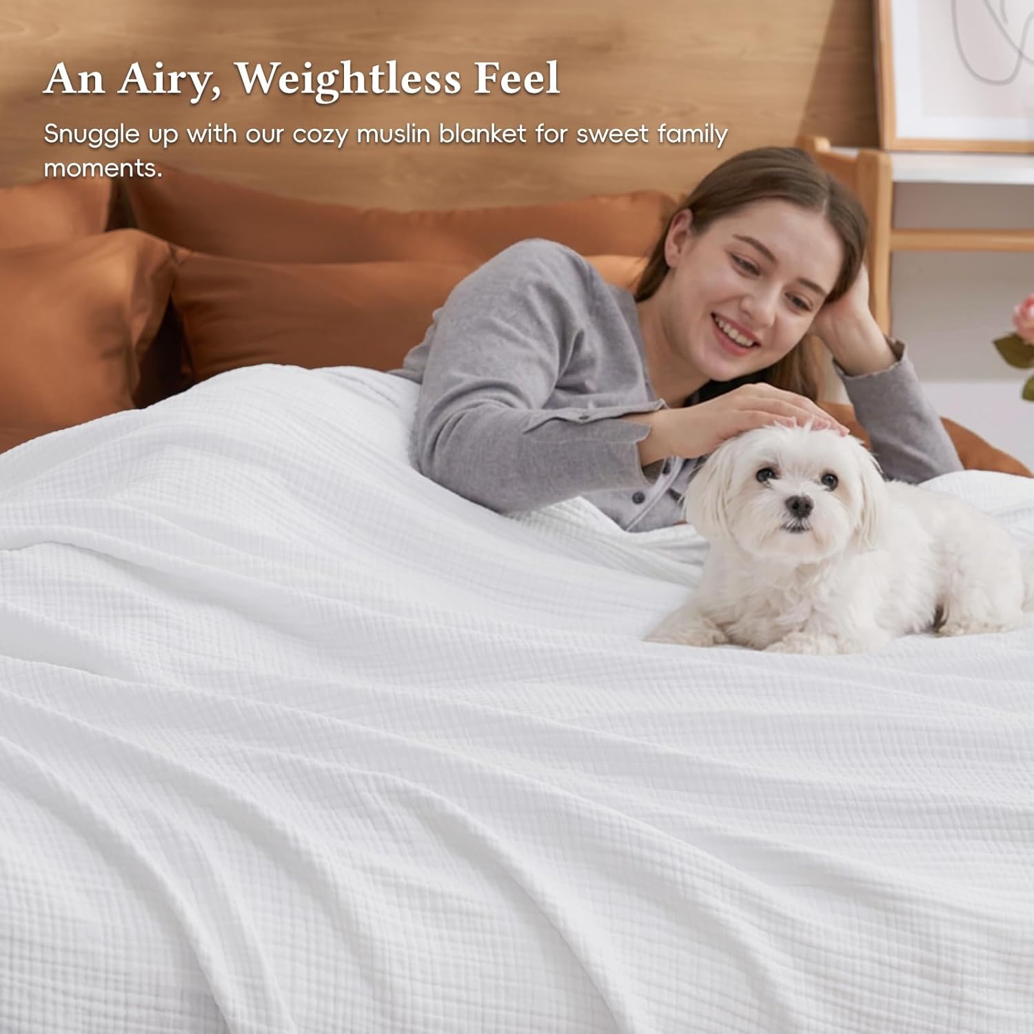 David's Home Pre-Washed 100% Cotton Muslin Blanket Queen Size, 4-Layer Soft Throw for Bed Couch, Breathable & & Lightweight Blankets for Adults Hot Sleepers, Room Decor, Luxury Gift, White, 90 * 90