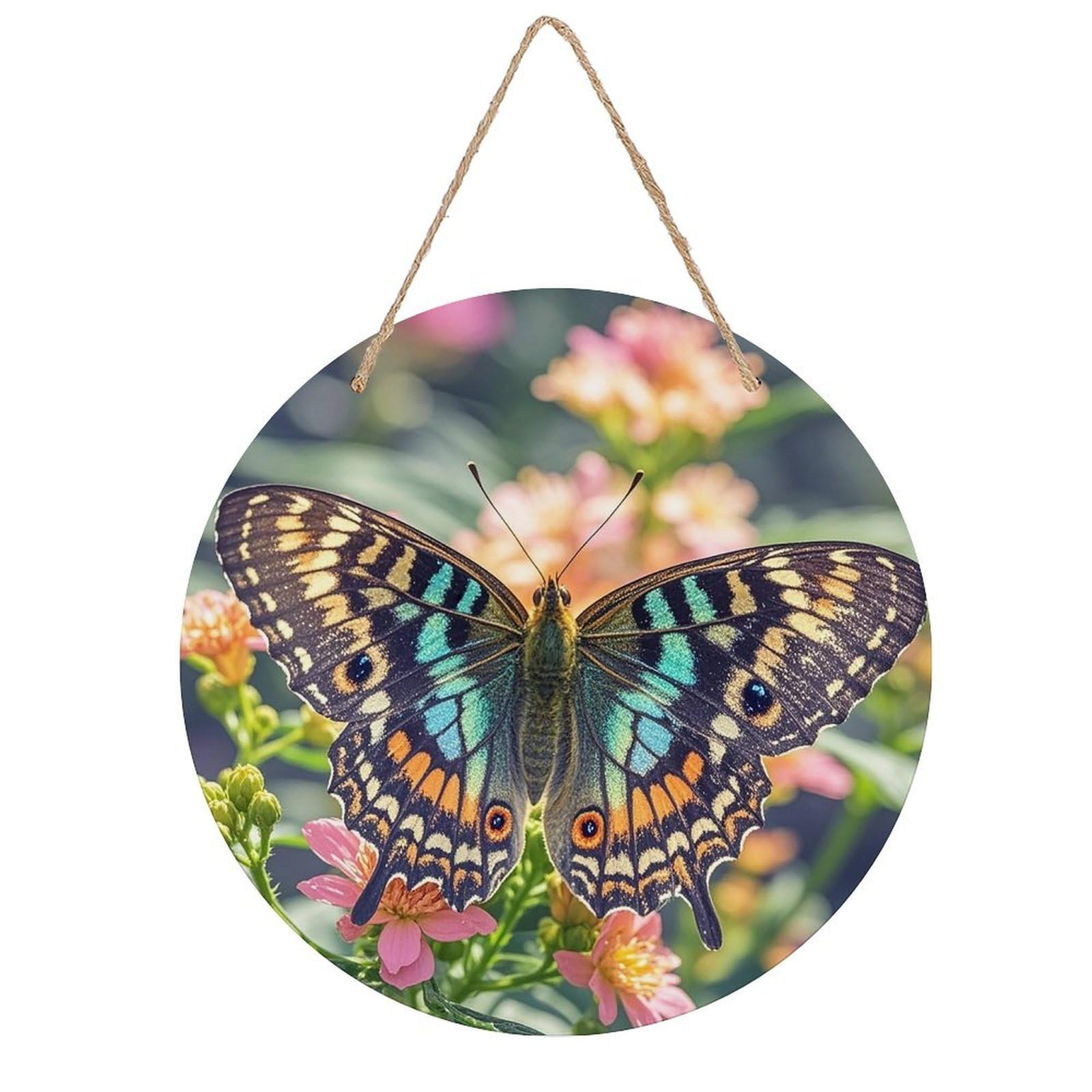 FekiLoot Round Butterfly Wall Art Decor Painting Wooden Hanging Sign with Ropes Bohemian Wall Hanging Retro Mid Century Modern Wall Art for Home Bedroom Living Room 7.9x7.9 in