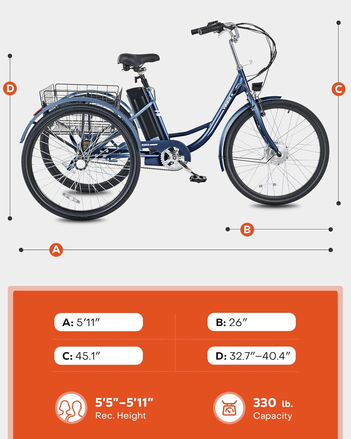 VIRIBUS Electric Tricycle for Adults, 24 26 inch Electric Trike with 468Wh Removable Battery, 250W/350W(Peak 500W) 3 Wheel Electric Bikes for Seniors, Motorized Adult Tricycles Women Men 330 lb.