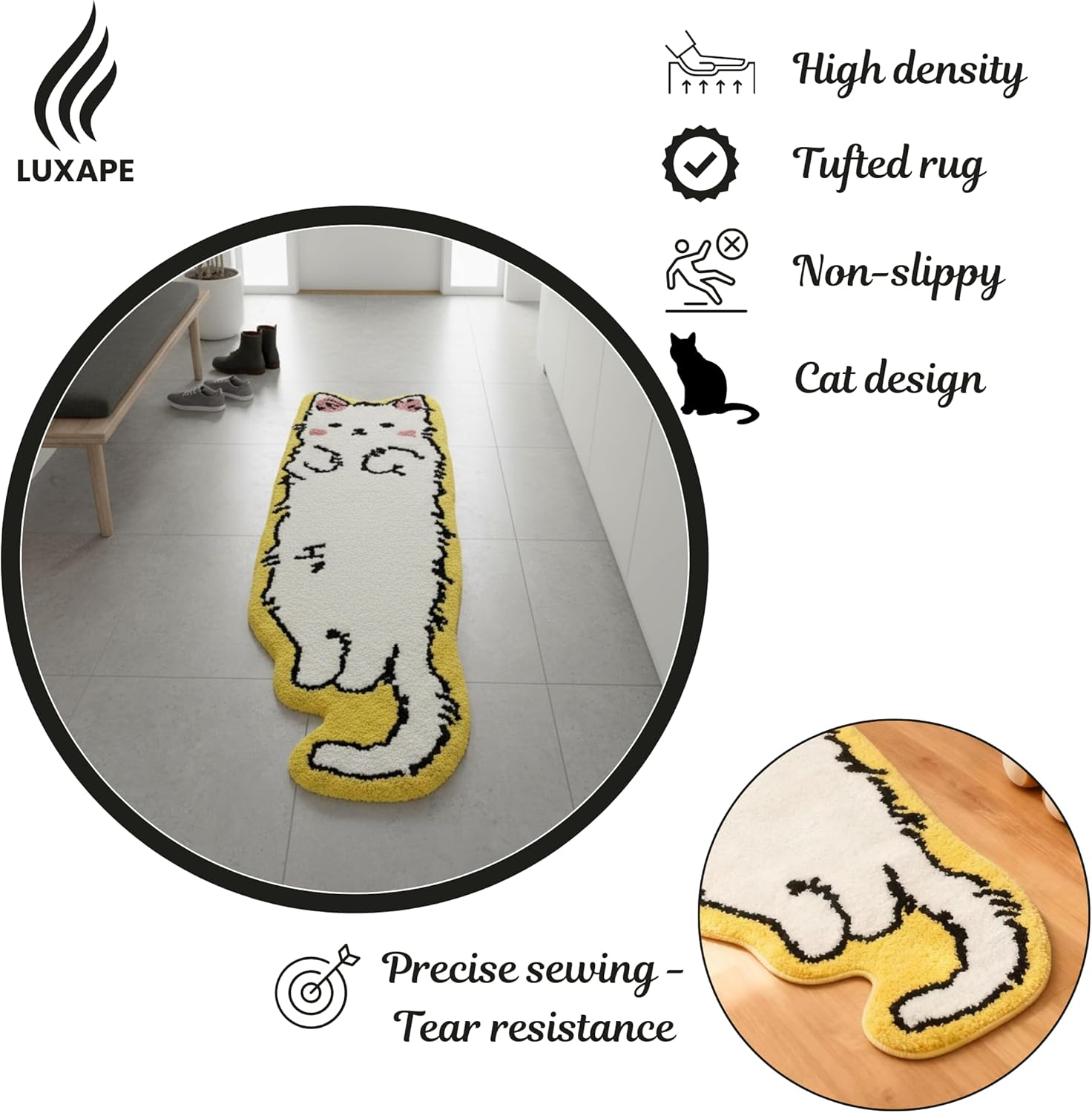 cat Rug - Cat Shaped bathmat - Handmade & Premium- 28in W (70cm) - Kitty Decor - Living Room, Bedroom, Children Room, Door mat - Luxape cat Rug (Luxape-h)