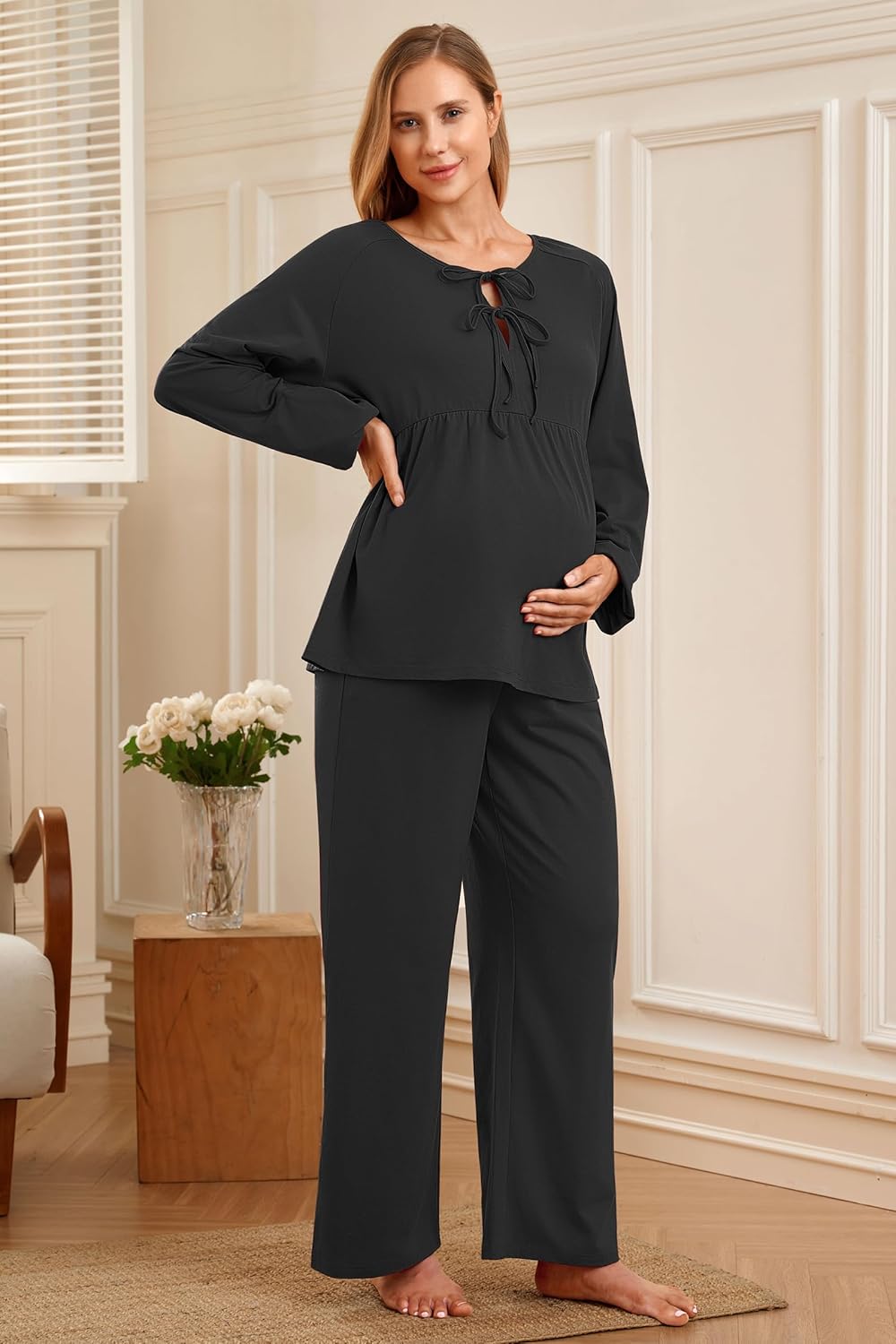 OUGES Womens Cotton Blend Maternity Pajama Sets Tie Front Loungewear Pregnancy Sleepwear Top & Long Pants with Pockets - Image 5