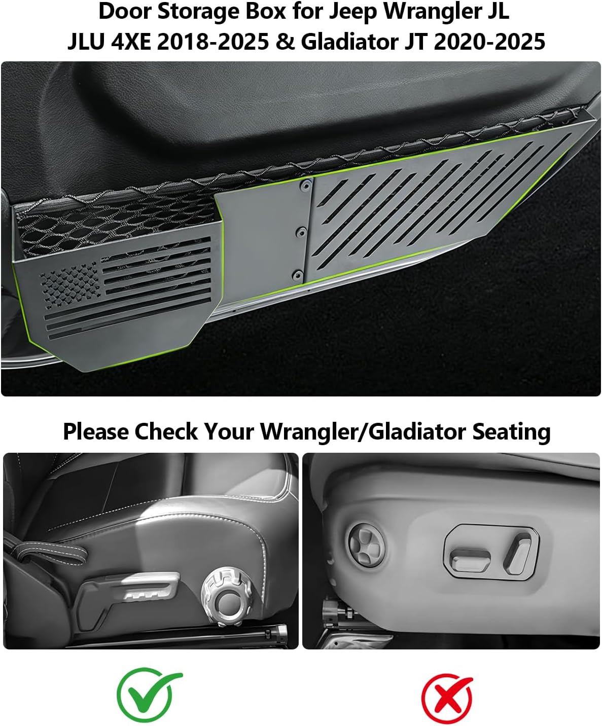 Door Pocket Storage Box for Jeep Wrangler JL JLU 4XE 2018-2025 & Gladiator JT 2020-2025 Accessories No-Drill Metal Front Door Heavy-Duty Metal Door Pockets Organizer Not for Power Seats