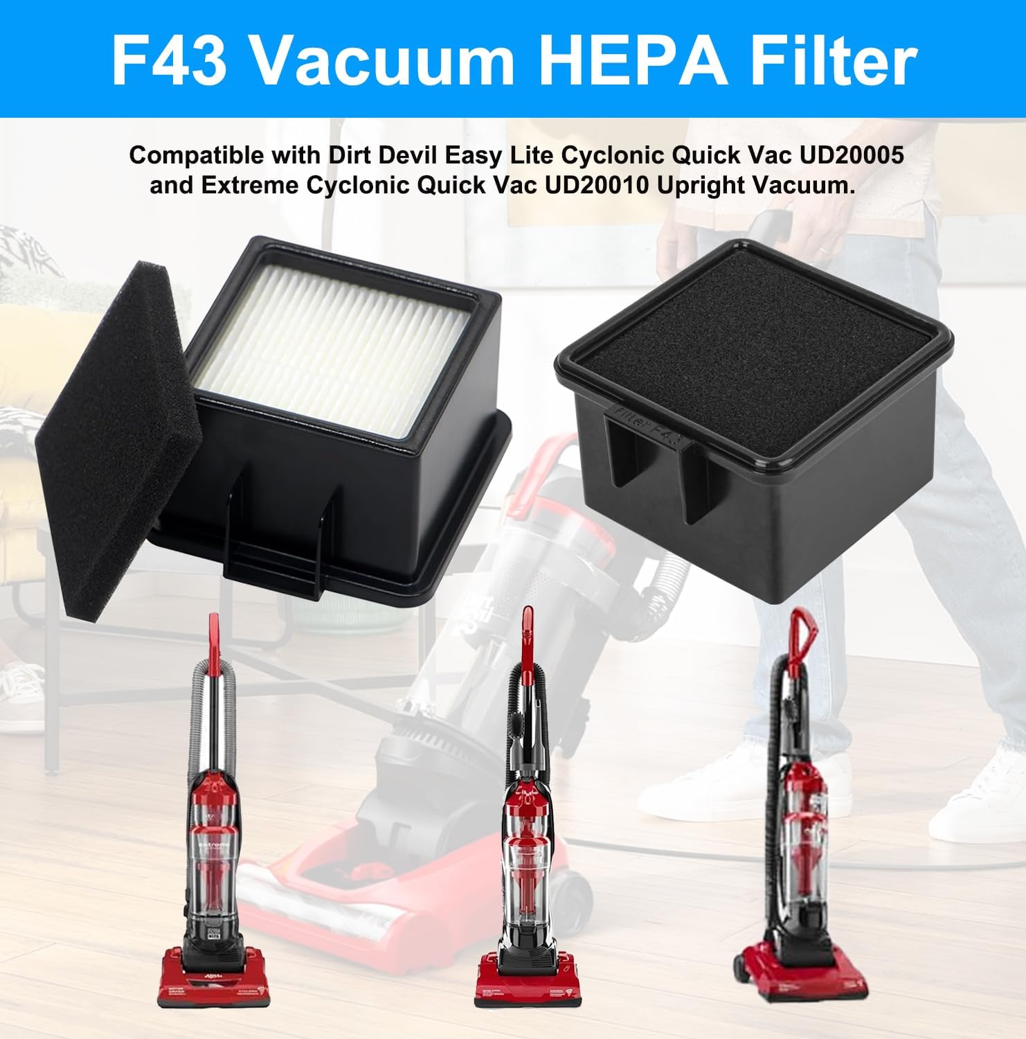 2-Pack F43 HEPA Filter and Foam Filters Replacement for Dirt Devil Easy Lite Cyclonic Quick Vac UD20005 and Extreme Cyclonic Quick Vac UD20010 Upright Vacuum - Image 2