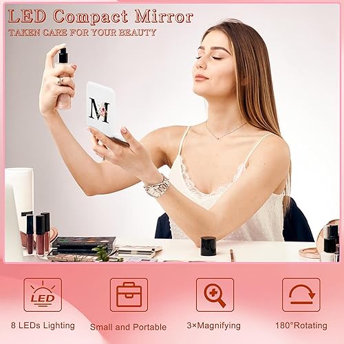 Miniatura 10 de Regalos personalizados para mujer, espejo compacto con inicial con luz, espejo LED Preppy Stuff 1X3X, espejo de aumento, espejo de viaje, mini