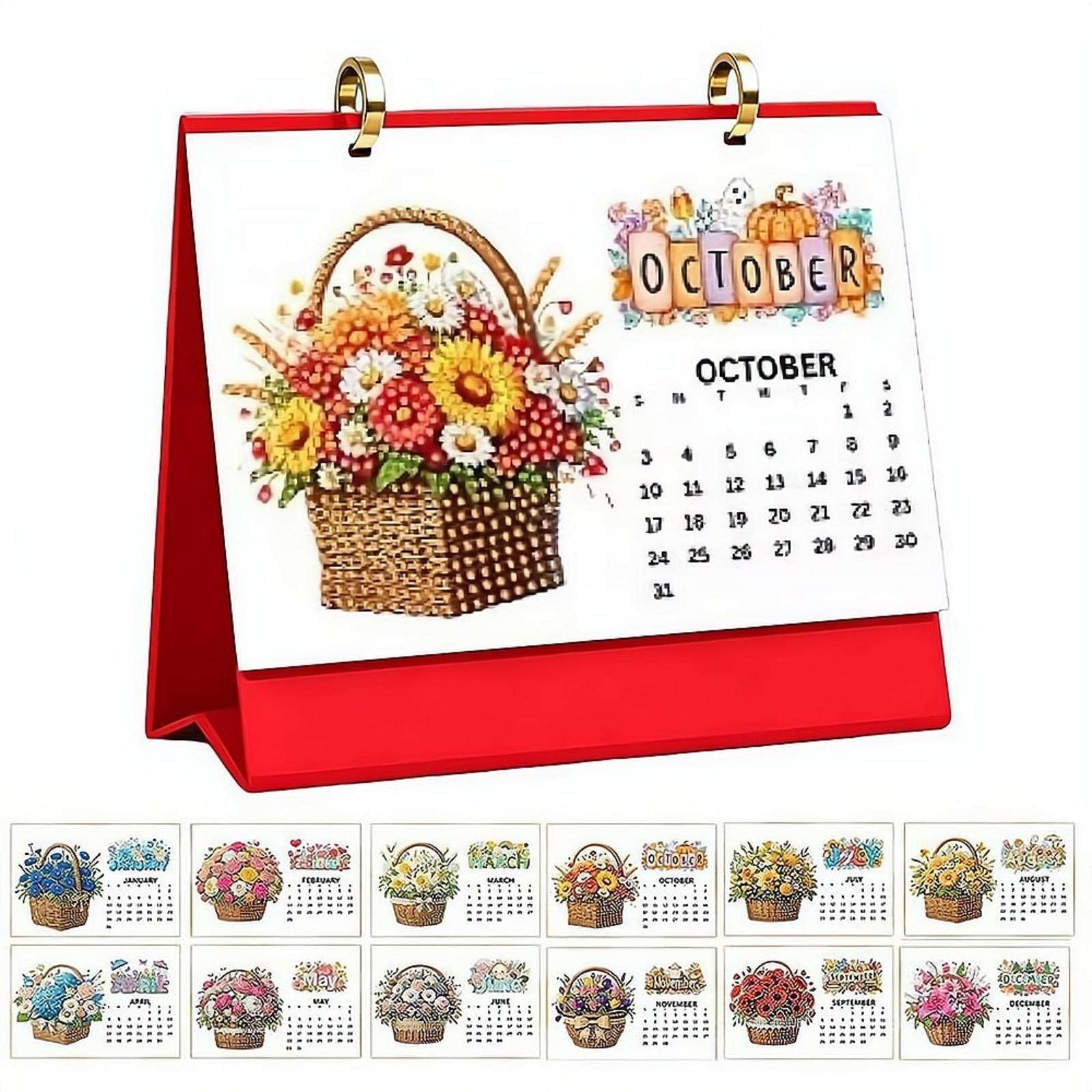 2027 DIY Diamond Art Desk Calendar Creative Design Thick Paper Alphabet Theme Gemstone Painting Art Crafts Monthly Flip,DIY Desk Calendars,for Tabletop Home Office Planning,17X21 CM