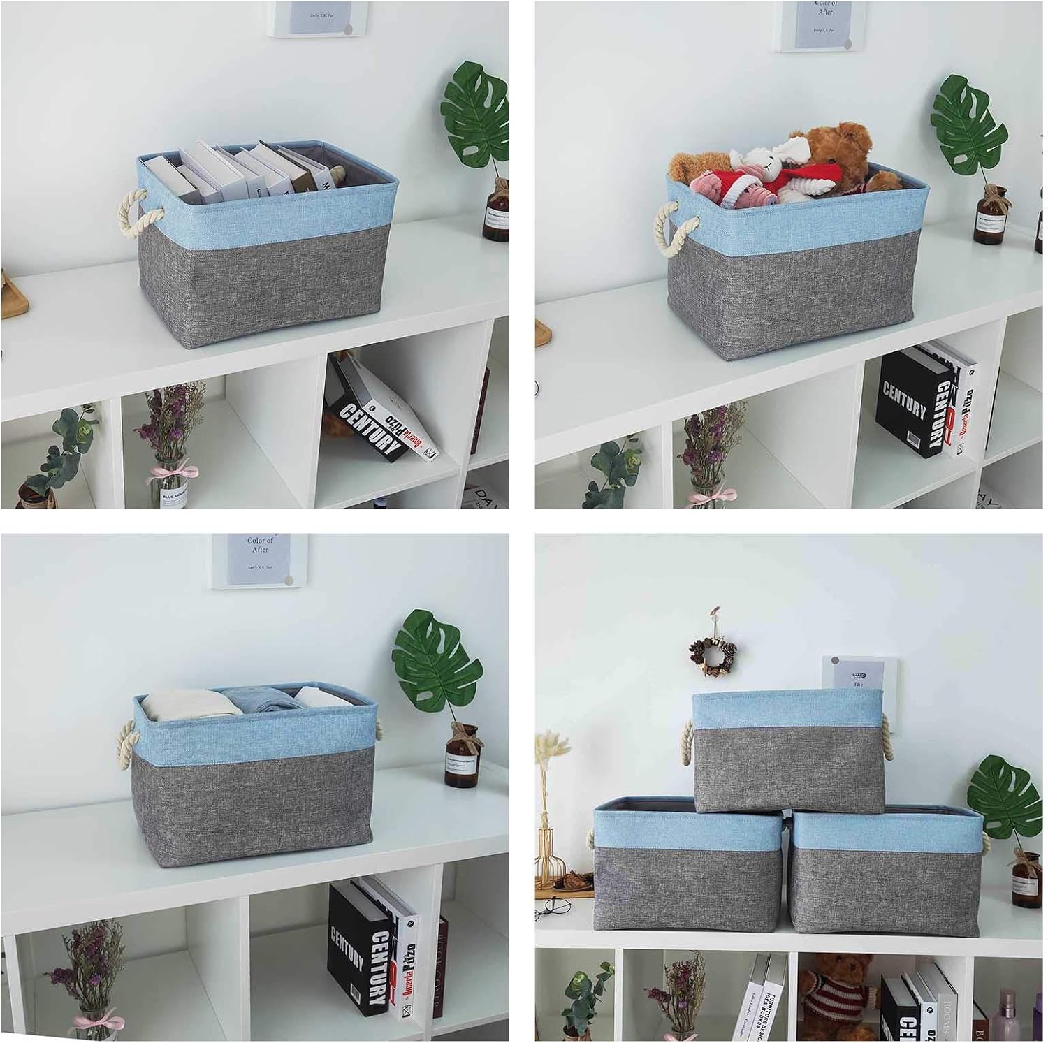 Storage Baskets for Shelves[3-Pack] Fabric Baskets with Handles,Large Shelf Baskets for Organizing Clothes,Decorative Baskets for Storage Toy Nursery Home Closet & Office (15Lx10Wx9H-Blue&Gray)