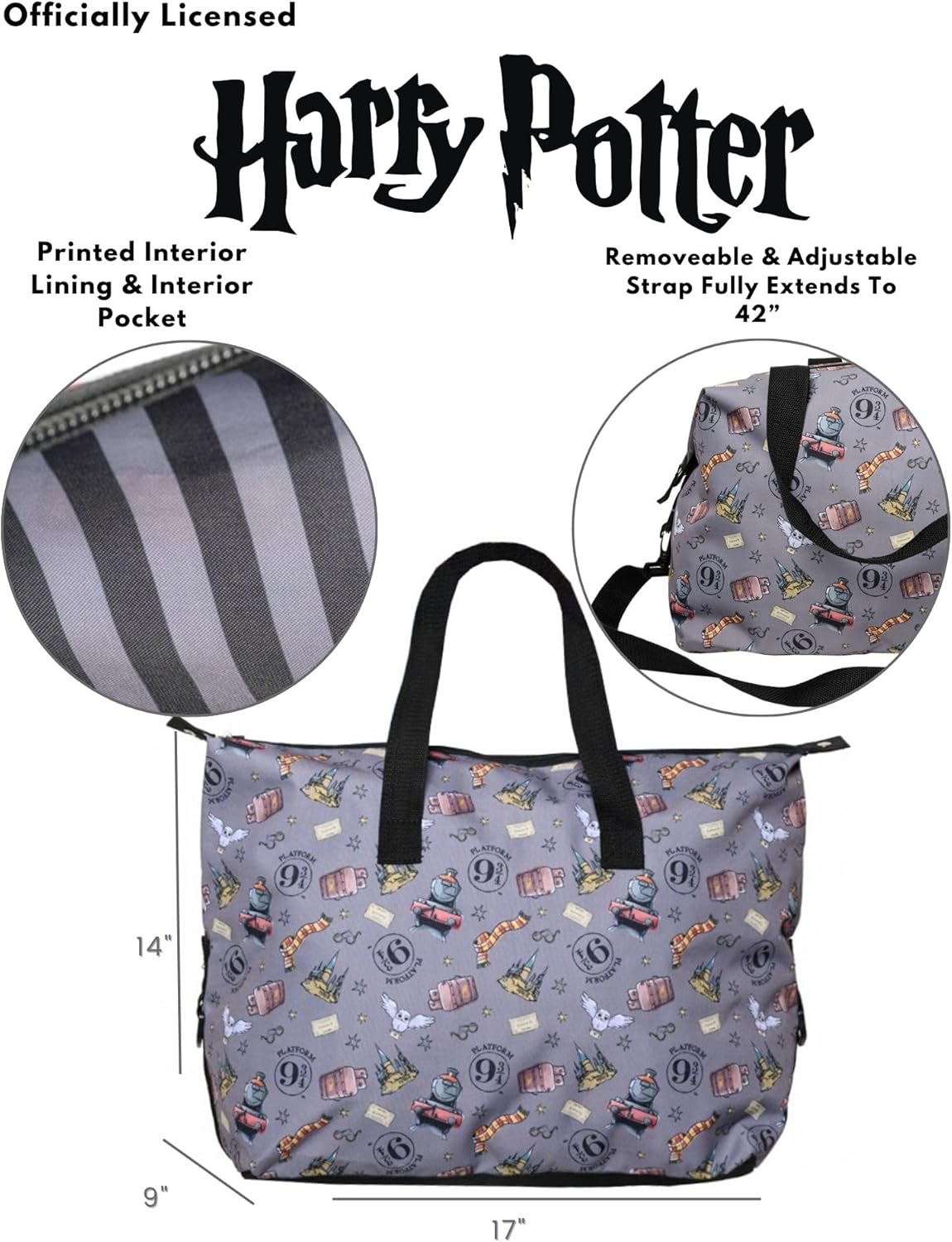 Harry Potter Tote Duffel Bag Hogwarts All Over Print Owl Glasses Carry On Travel - Image 4