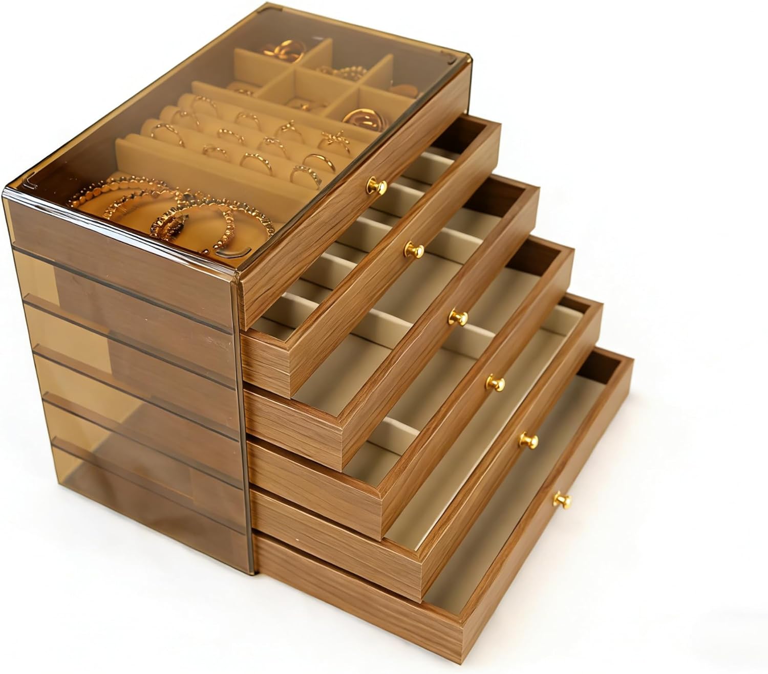 Wooden Jewelry Box Organizers and Storage for Girls Women 6 Drawers Multi-Layer Storage Case for Rings Earrings Necklaces Bracelets Vintage Box