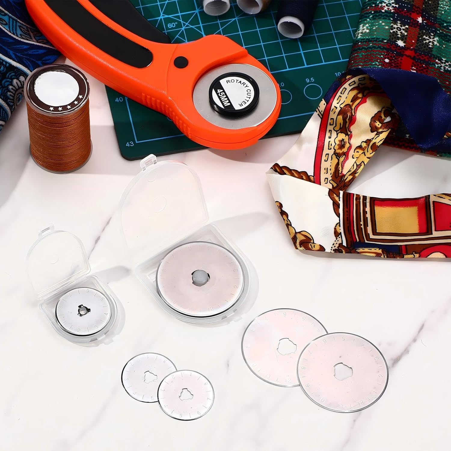 Honoson 80 Pcs 45 mm 28 mm Rotary Cutter Blades with Scale Refill Steel Scale Rotary Cutter Replacement Blades Quilting Supplies for Fabric Arts Crafts Scrapbooking Sewing Cutting Paper