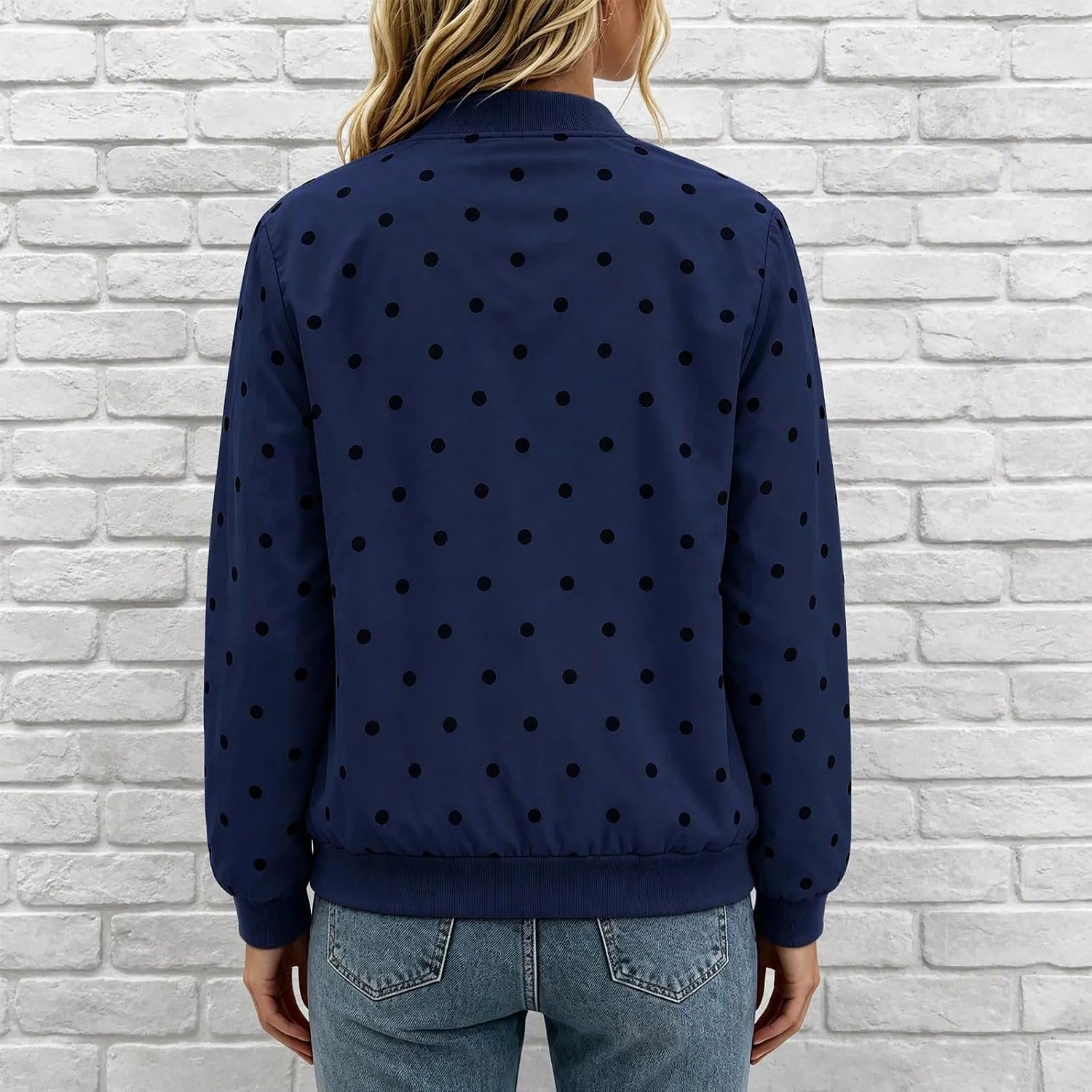 Women's Polka Dot Bomber Jacket Zip Up Long Sleeve Casual Outerwear