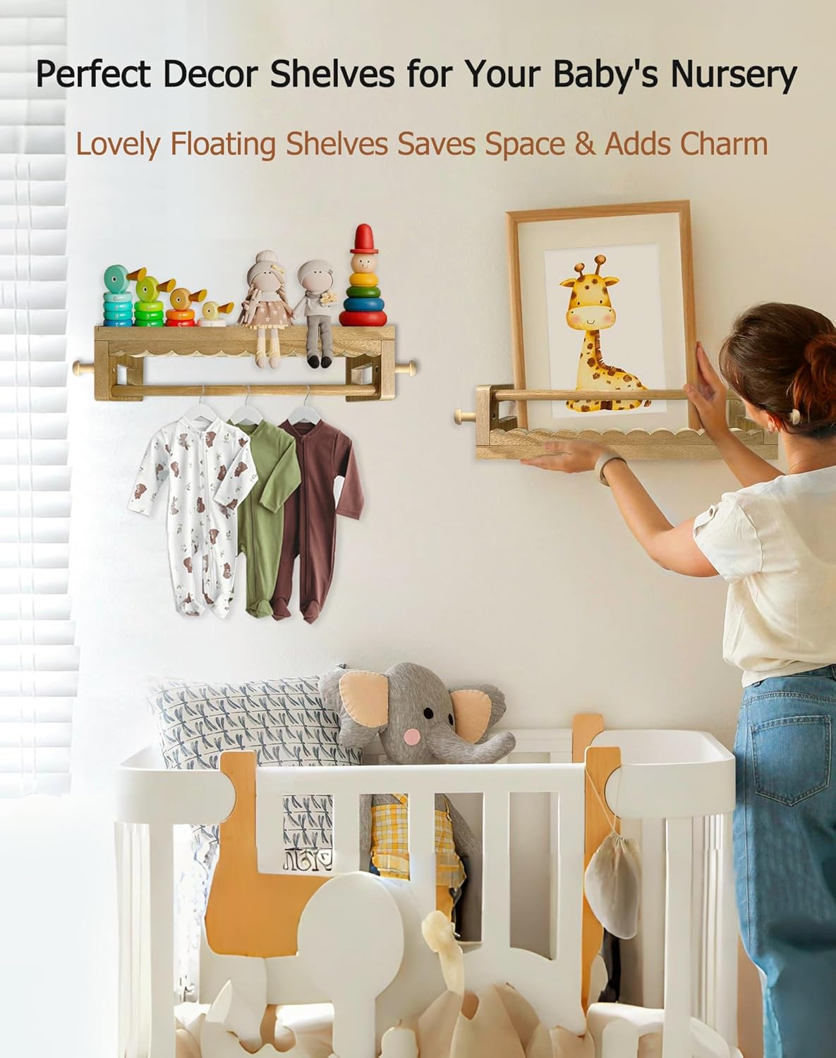 Kids' Wall Bookshelves – Set of 3 Scalloped Floating Shelves, 0.8" Thick Nursery Book Shelves with Wooden Hooks, Perfect for Boys & Girls – Decorative Wall Organizer for Toys, Photos & Decor, Brown